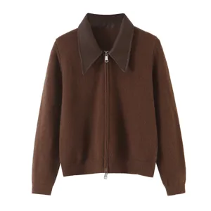 Brown knit cardigan featuring a contrast faux leather lapel collar and front zip closure.
