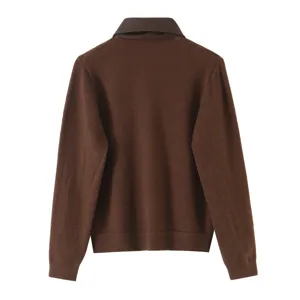 Brown knit cardigan detail showing contrast collar and fine ribbed texture for women.
