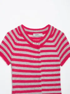 Women short sleeve striped knit cardigan summer casual pink grey round neck button top