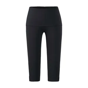 Zwarte capri yogabroek voor dames, hoge taille, splitzoom, elastische fitness sportlegging.