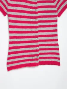Pink and grey striped short sleeve knit cardigan detail view, soft cozy texture, button front.