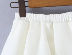 White pleated bubble skirt waist detail, stylish casual short skirt for women commuting daily wear