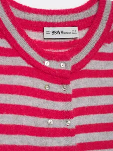 Pink and grey striped knitted cardigan with cute buttons, stylish and comfortable.