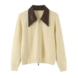 Women contrast leather collar knitted cardigan zip up long sleeve casual daily chic outerwear tops