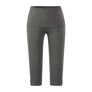 Grijs capri yoga legging detail, hoge omslagtaille, enkelvide ontwerp, elastische stof.