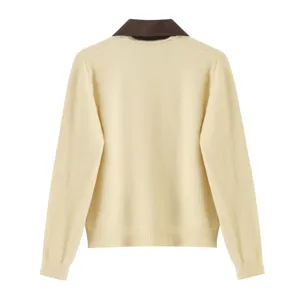 Close-up detail view of the women's knit cardigan featuring a contrast leather collar and ribbed cuffs.