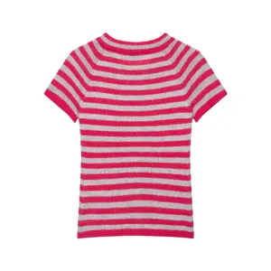 Detail view of pink and grey striped knit short sleeve top, casual daily wear fabric.