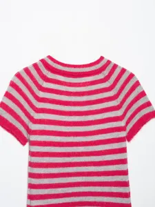 Detailed view of women short sleeve pink grey striped knitted top casual summer knitwear