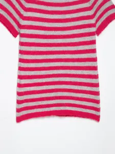 Pink grey striped short sleeve knit top, soft texture, comfortable casual everyday wear.