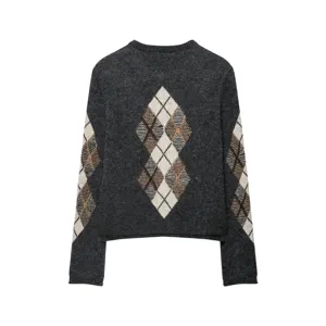 Cardigan en tricot motif argyle gris foncé, élégant pull col rond manches longues.