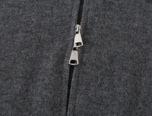 Close-up of dual metal zippers on dark gray wool knit cardigan, detailed texture shot.