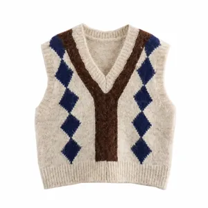 Chaleco de Punto Argyle con Cuello en V Casual para Mujer Bloque de Color Vintage Sin Mangas Top Jersey Oversized Moda Prendas de Punto