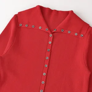 Cárdigan de punto rojo para mujer con manga larga, cuello solapa y elegantes botones de moda