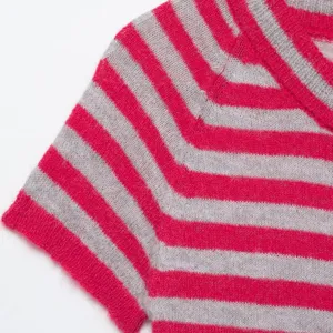 Women Casual Striped Knit Cardigan Short Sleeve Crew Neck Button Up Sweater Top