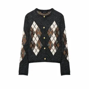 Cardigan en Tricot à Motif Argyle Manches Longues Col Rond Décontracté pour Femmes Boutonné Veste de Printemps