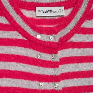 Pink and white striped knitted cardigan short sleeve sweater fashion top for women