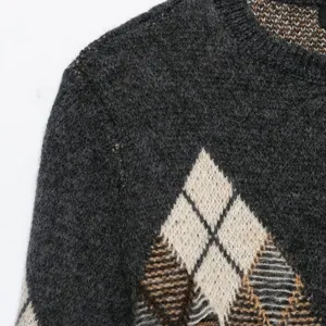 Pull en tricot à col rond motif argyle classique pour femmes, mode d'hiver à manches longues.