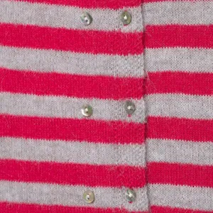 Pink and grey striped knit cardigan main view featuring classic double breasted buttons.