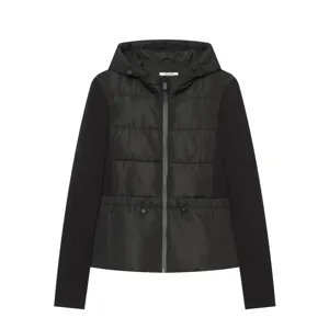Giacca imbottita nera con cappuccio da donna, cappotto invernale elegante stile patchwork con zip.
