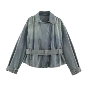 Dames denim jas casual revers lange mouw bovenkleding met tailleceintuur stijlvolle streetwear.