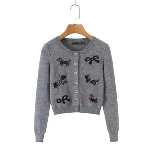 Women Casual Knit Cardigan Vest Pleated Skirt Three Piece Set Gray Long Sleeve Cardigan Bowknot Pattern Fashion Suit