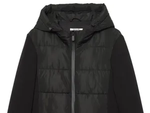 Giacca imbottita con cappuccio patchwork nera da donna moda casual cappotto invernale.