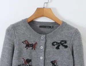Grey knit cardigan with cute pattern and button closure, stylish daily wear essential.