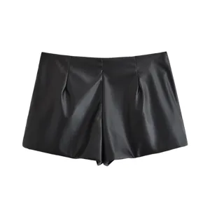 Black high waist faux leather shorts for women, chic pleated design for modern daily wear.