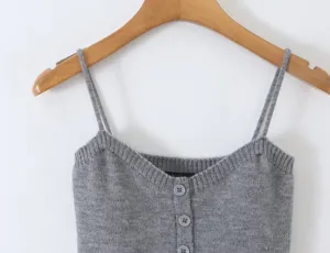 Gray knit camisole detail shot, featuring delicate double straps and front button closure.
