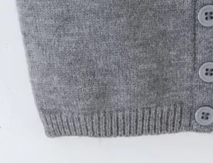 Grey knit cardigan detail close-up showcasing soft fabric, buttons and ribbed hem.