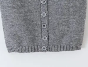 Grey knit cardigan detail view featuring matching buttons and stylish ribbed hem for daily wear.