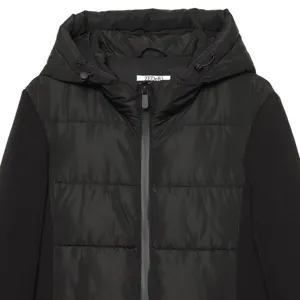 Giacca imbottita nera con cappuccio da donna, cappotto invernale elegante e casual.