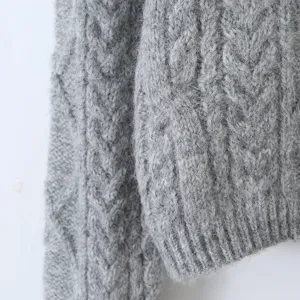 Grijs kabelgebreid cardigan trui bovenkleding hoofdaanzicht textuur close-up stijl nieuw model.