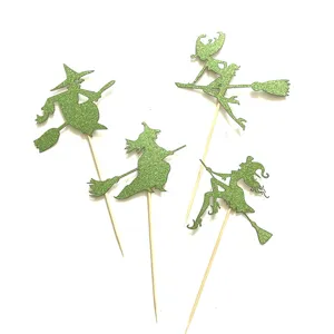 Groene glitter heks cupcake toppers, 4-delige Halloween feest dessert prikkers detail.