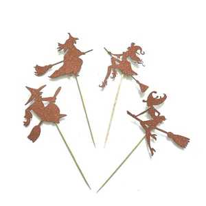 Halloween heks cupcake toppers 4st glitter bruin feest taart decoratie benodigdheden
