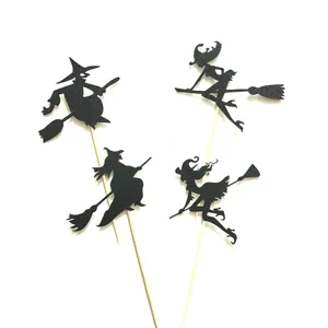 Halloween heks cupcake toppers set, 4 stuks zwarte glitter silhouet taart decoratie.