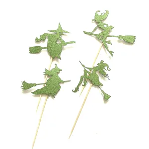 Halloween groene glans heks cupcake toppers 4stuks griezelig feest taart decoratie.