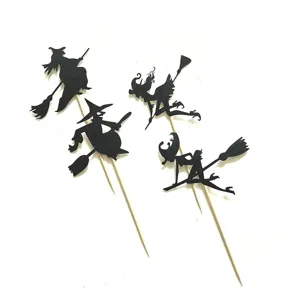 Halloween Feest Cupcake Toppers Spook Heks Silhouet Taart Decoraties Papier Glitter Taart Prikkers Voor Feest