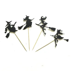 Gedetailleerd overzicht van zwarte glitter heks taarttoppers set voorgebreide feestjes.