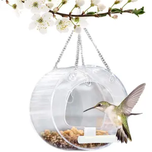 Clear Acrylic Hanging Bird Feeder Transparent Round Bird House Outdoor Garden Wild Bird Feeding Station With Metal Chain
