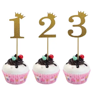 Gold Glitzer Papier Nummer Kuchen Topper Krone Geburtstag Party Kuchendekoration DIY Dessert Topper Backzubehör