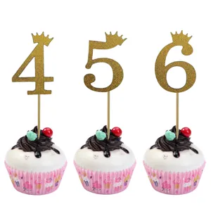 Gold Glitzer Nummer 4 5 6 Kuchen Topper mit Krone Design fuer Geburtstag Torte Deko