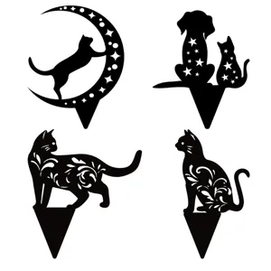 Hollow metal cat dog yard art stakes set, black silhouette garden lawn decor ornament.