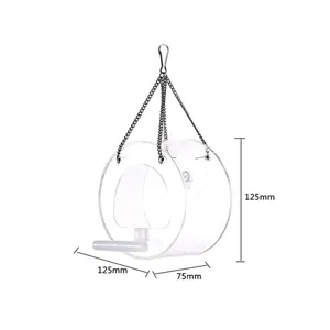 Clear acrylic hanging bird feeder with metal chains, durable outdoor round wild bird house.