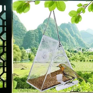 Transparent acrylic bird feeder with suction cup and hanging chain for window view.