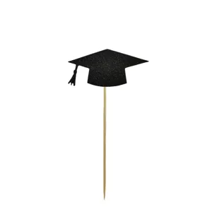 Adorno para tarta con birrete de graduacion negro brillante con palito de madera para fiesta.