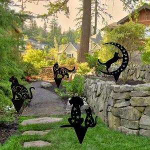 Metal black cat garden stake yard art, hollow animal silhouette outdoor lawn decor.