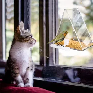 Clear acrylic window bird feeder with strong suction cups, transparent wild bird seed feeder house for outside.