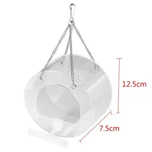 Clear acrylic hanging bird feeder with metal chains and perches for outdoor garden use.