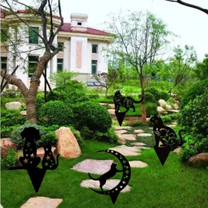 Black metal cat and dog yard art stakes, hollow garden lawn decoration silhouettes.
